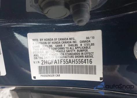 2010 Honda Civic Lx from USA, damaged, VIN 2HGFA1F55AH556416